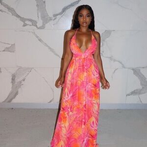 Pink and Orange Halter Maxi Dress